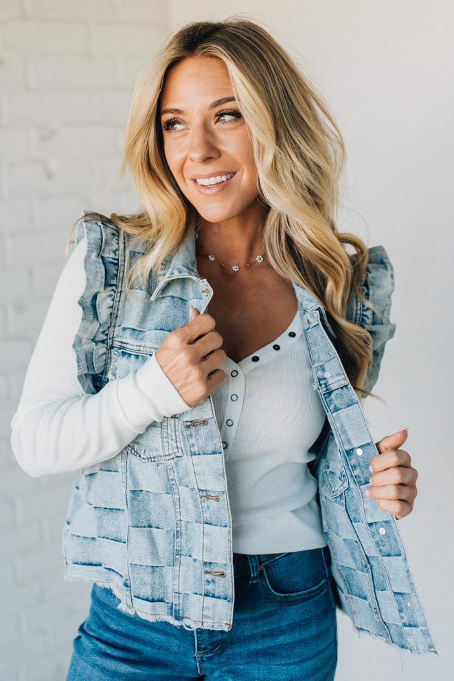 Rae Ruffle Accent Checked Denim Vest