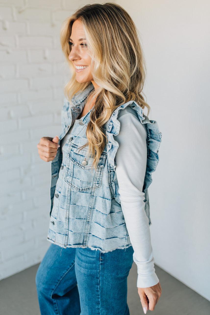 Rae Ruffle Accent Checked Denim Vest
