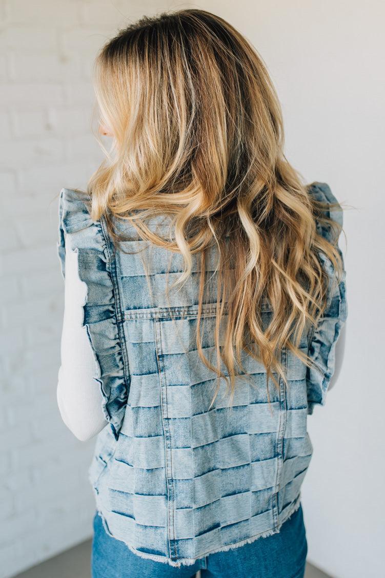 Rae Ruffle Accent Checked Denim Vest