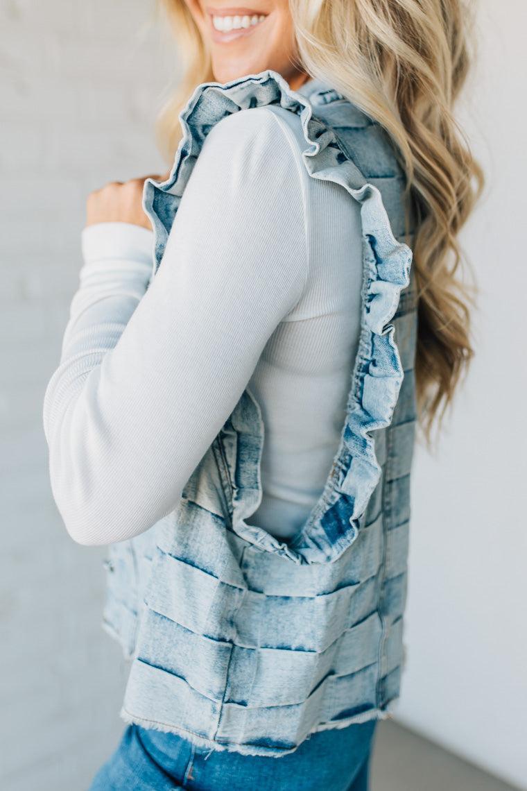 Rae Ruffle Accent Checked Denim Vest