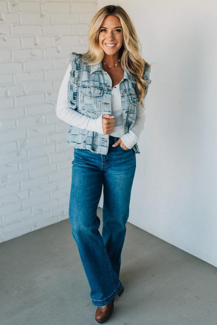 Rae Ruffle Accent Checked Denim Vest
