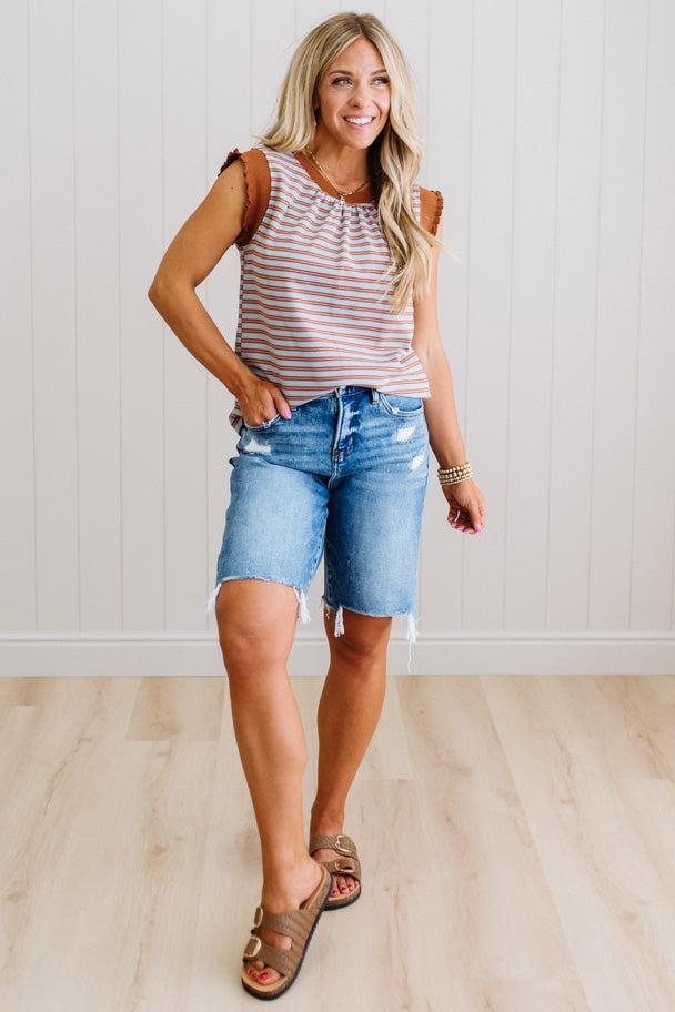Reena Ruffle Trim Striped Top
