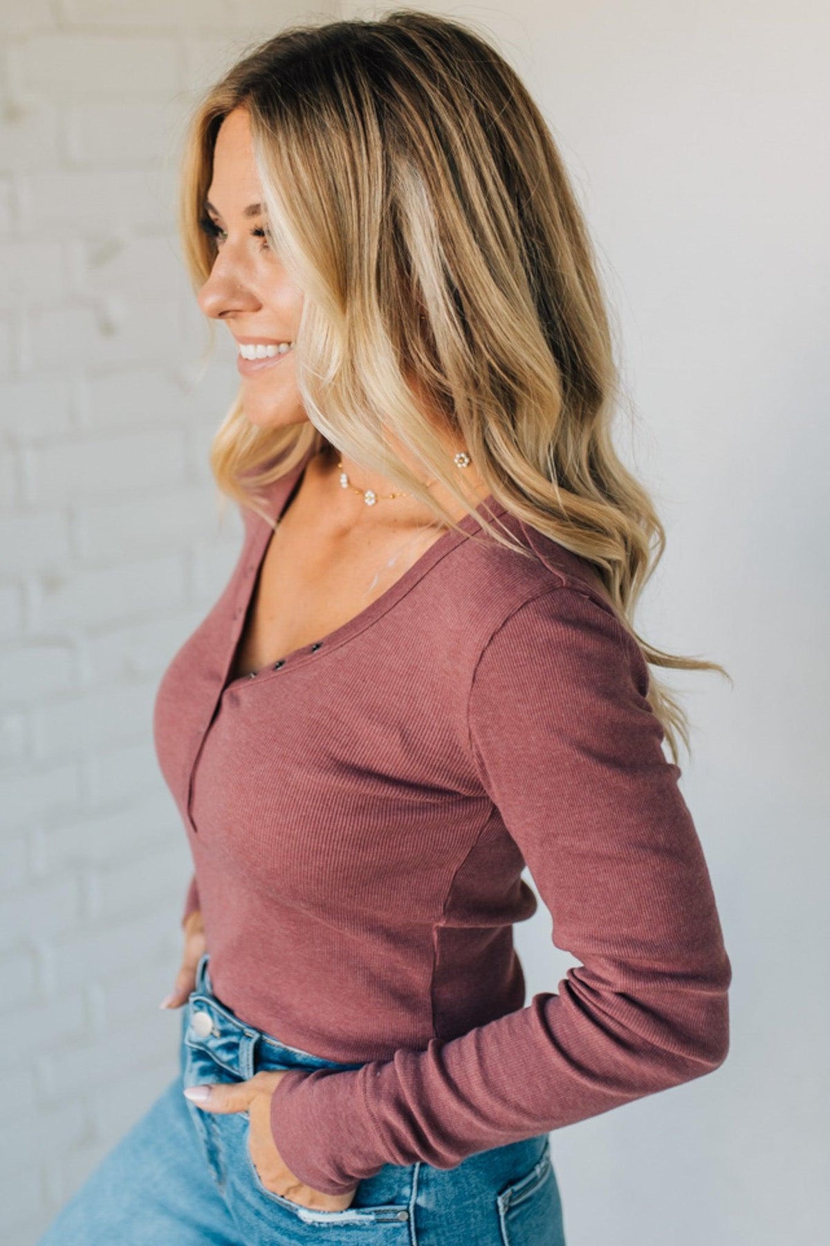 Ribbed Snap Henley Top
