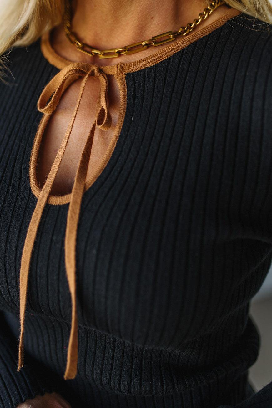 Ribbed Sweater with Contrast Keyhole
