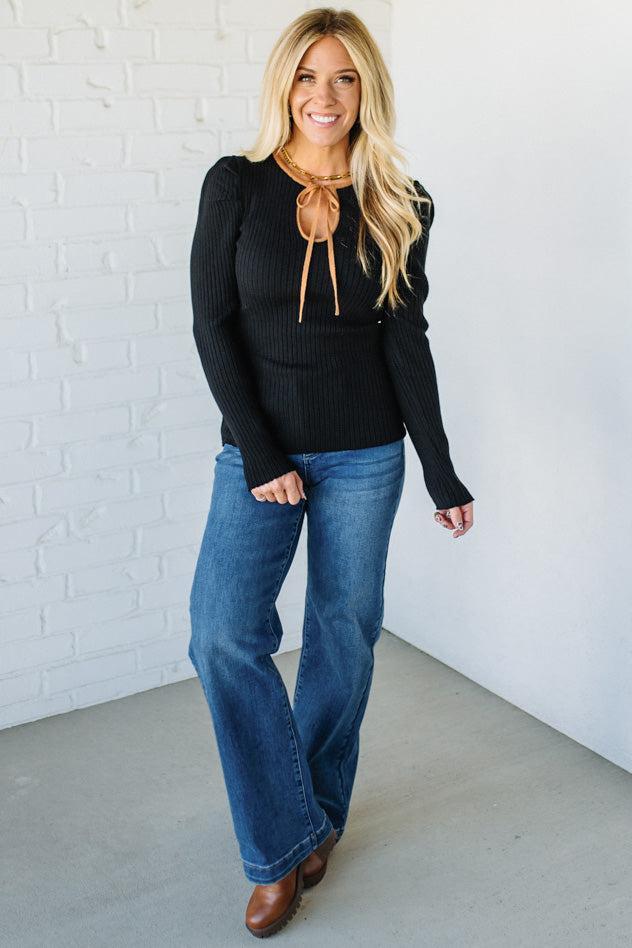 Ribbed Sweater with Contrast Keyhole