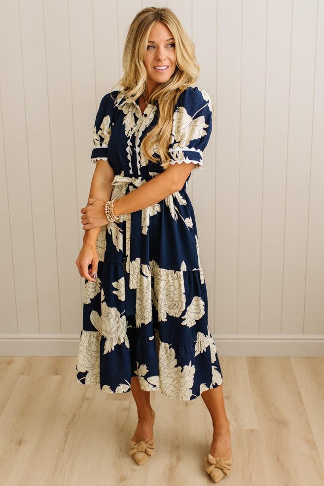 Rickrack Trimmed Print Henley Dress