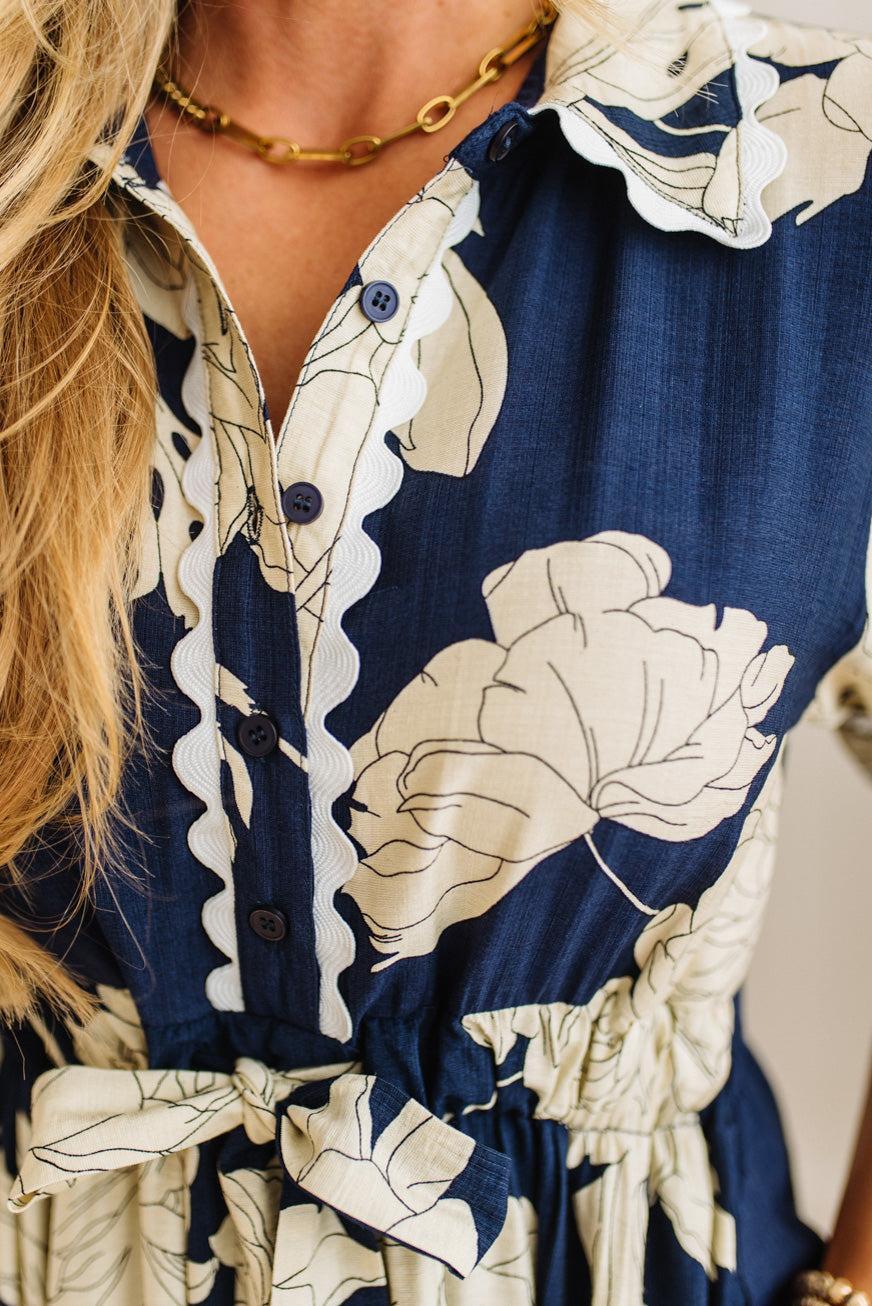 Rickrack Trimmed Print Henley Dress