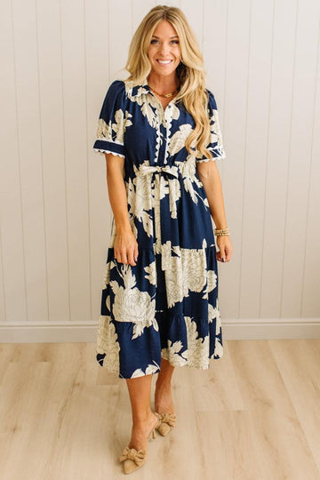 Rickrack Trimmed Print Henley Dress