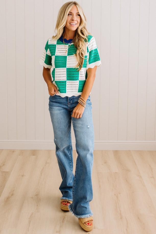 Roman Scallop Trim Checked Sweater