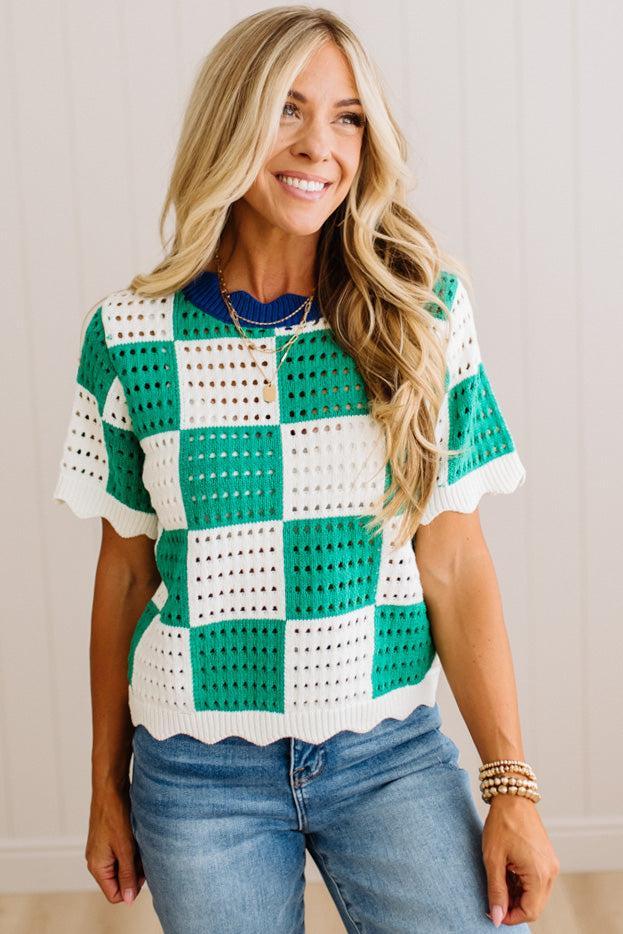 Roman Scallop Trim Checked Sweater