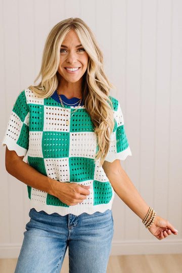 Roman Scallop Trim Checked Sweater