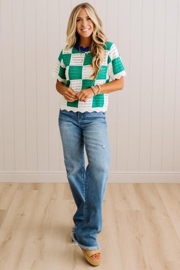 Roman Scallop Trim Checked Sweater