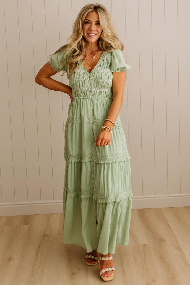 Rouched and Ruffled Button Front Maxi