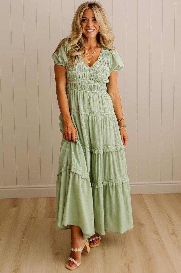 Rouched and Ruffled Button Front Maxi