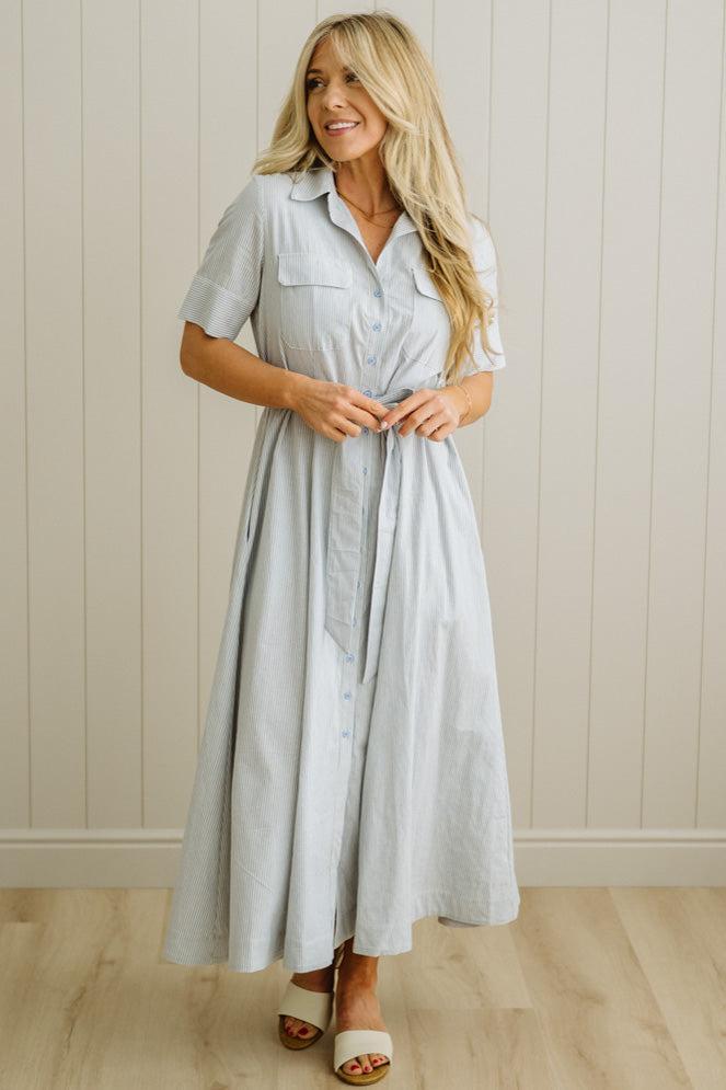 Saylor Striped Cotton Button Down Dress | Cornflower