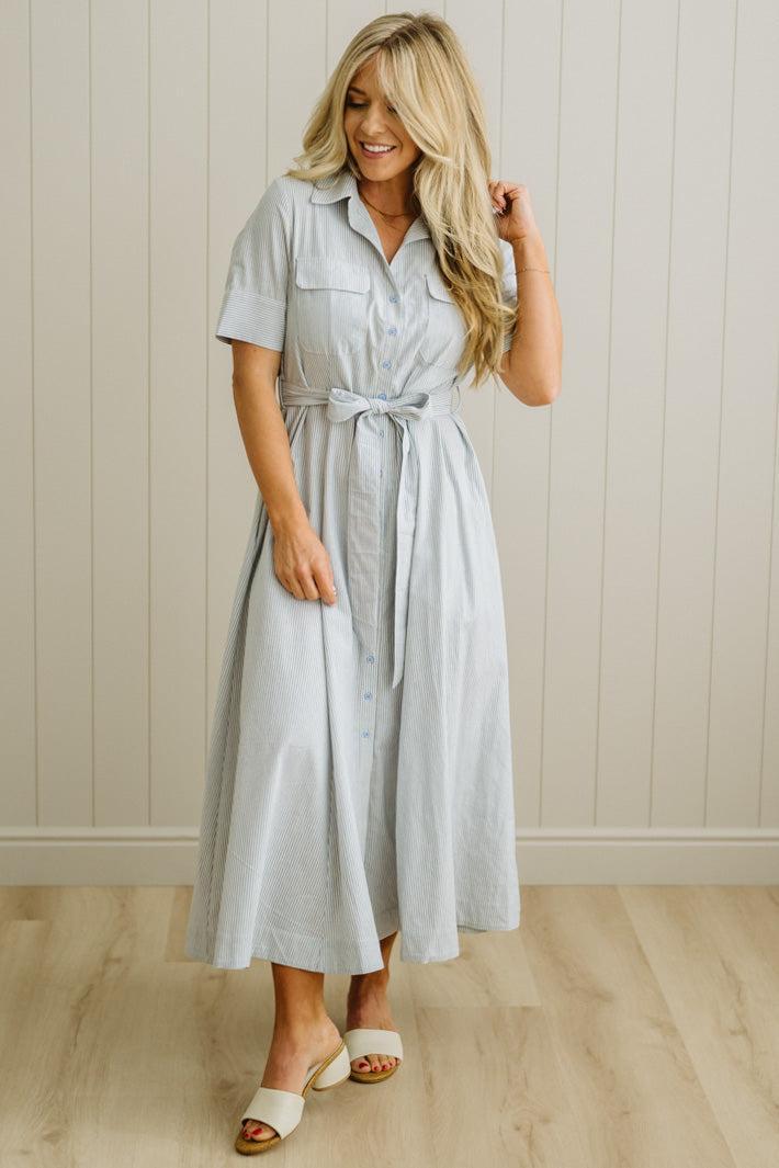 Saylor Striped Cotton Button Down Dress | Cornflower
