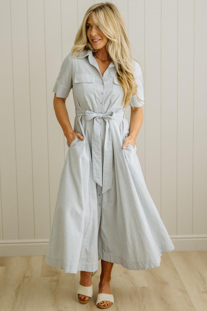Saylor Striped Cotton Button Down Dress | Cornflower