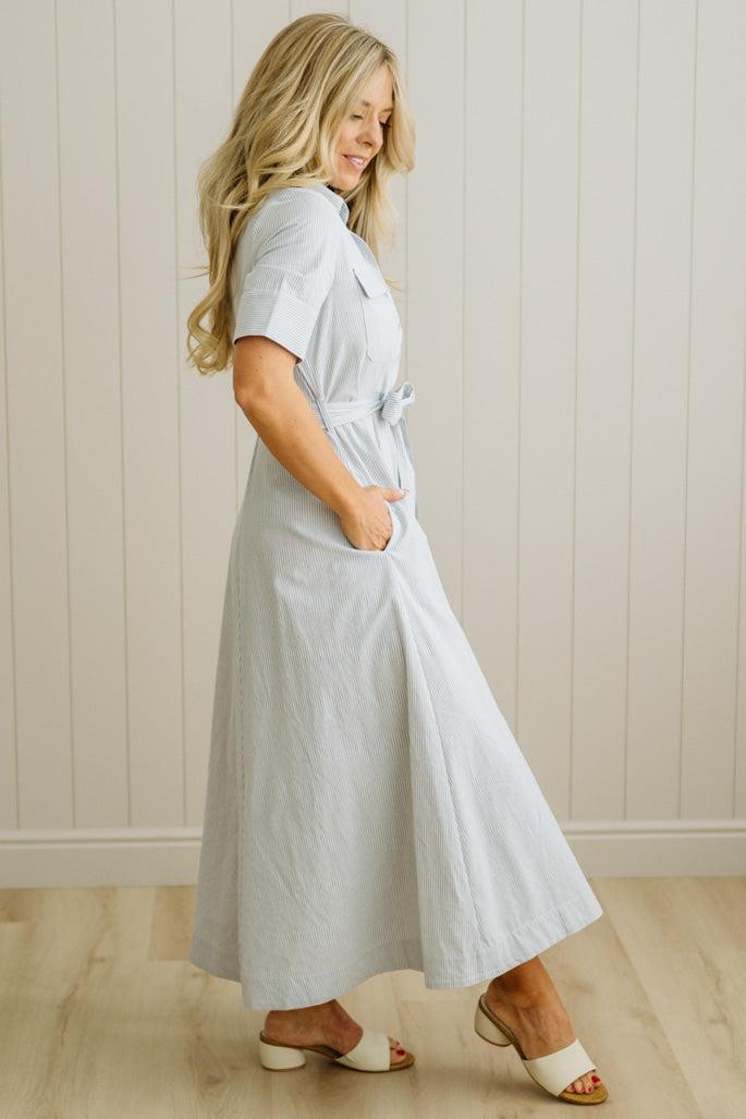 Saylor Striped Cotton Button Down Dress | Cornflower