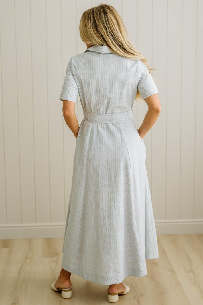 Saylor Striped Cotton Button Down Dress | Cornflower
