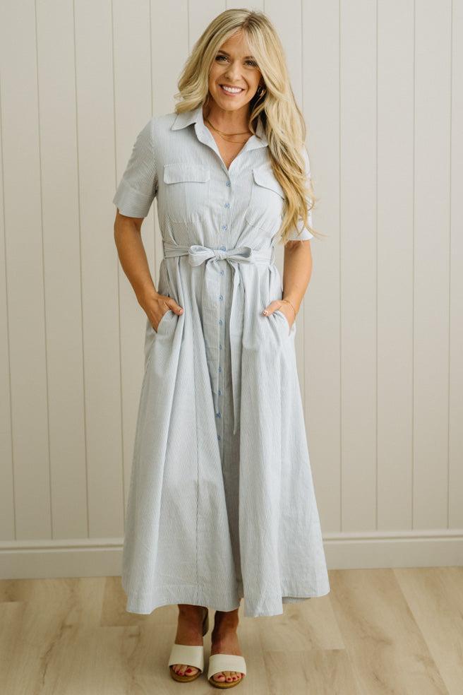 Saylor Striped Cotton Button Down Dress | Cornflower