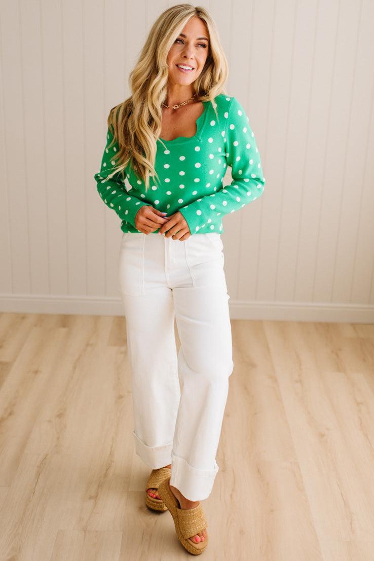 Scalloped Square Neck Dot Sweater