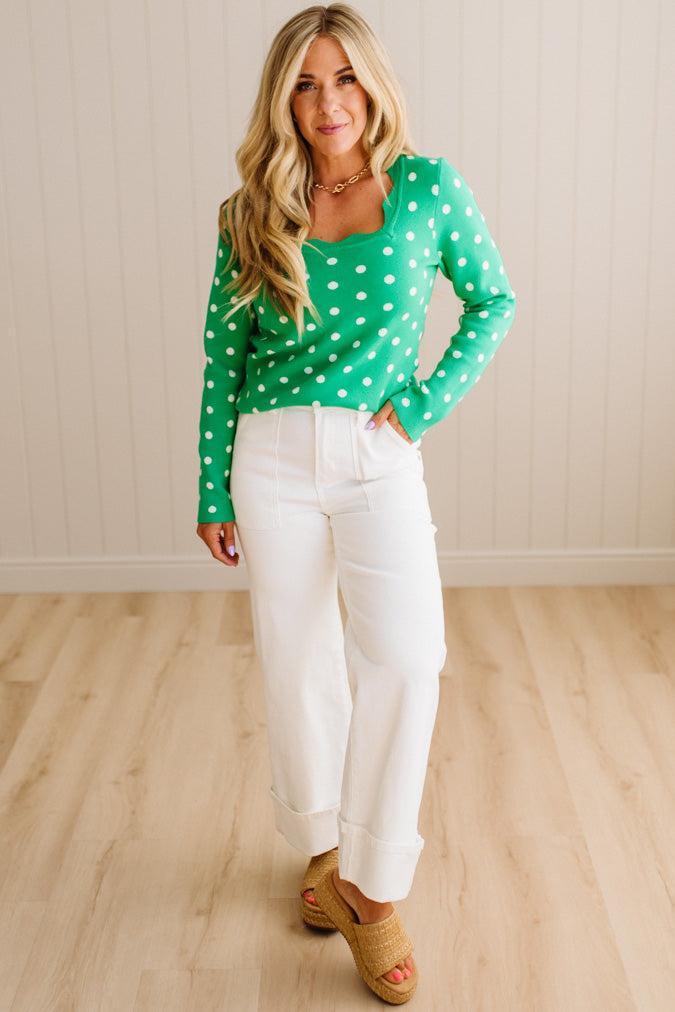 Scalloped Square Neck Dot Sweater