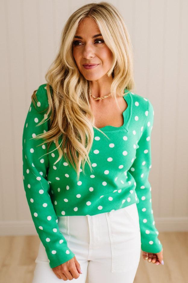 Scalloped Square Neck Dot Sweater