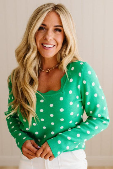 Scalloped Square Neck Dot Sweater
