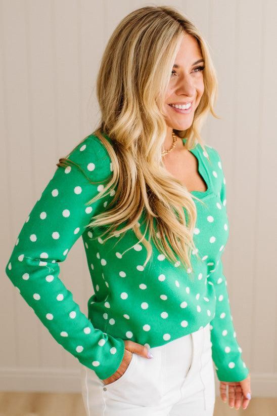 Scalloped Square Neck Dot Sweater