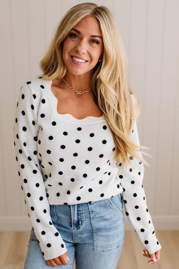 Scalloped Square Neck Dot Sweater
