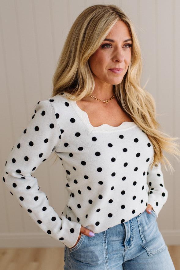 Scalloped Square Neck Dot Sweater