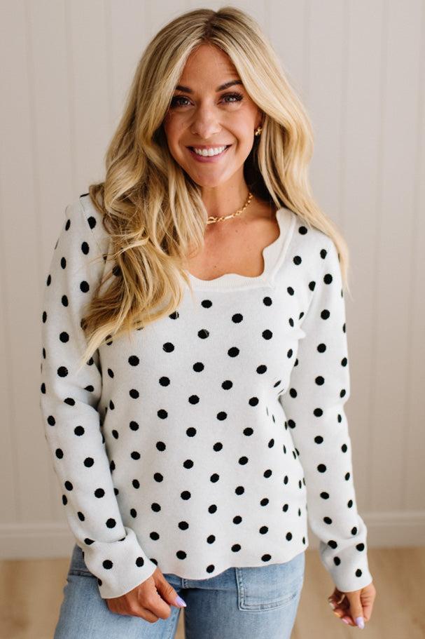 Scalloped Square Neck Dot Sweater