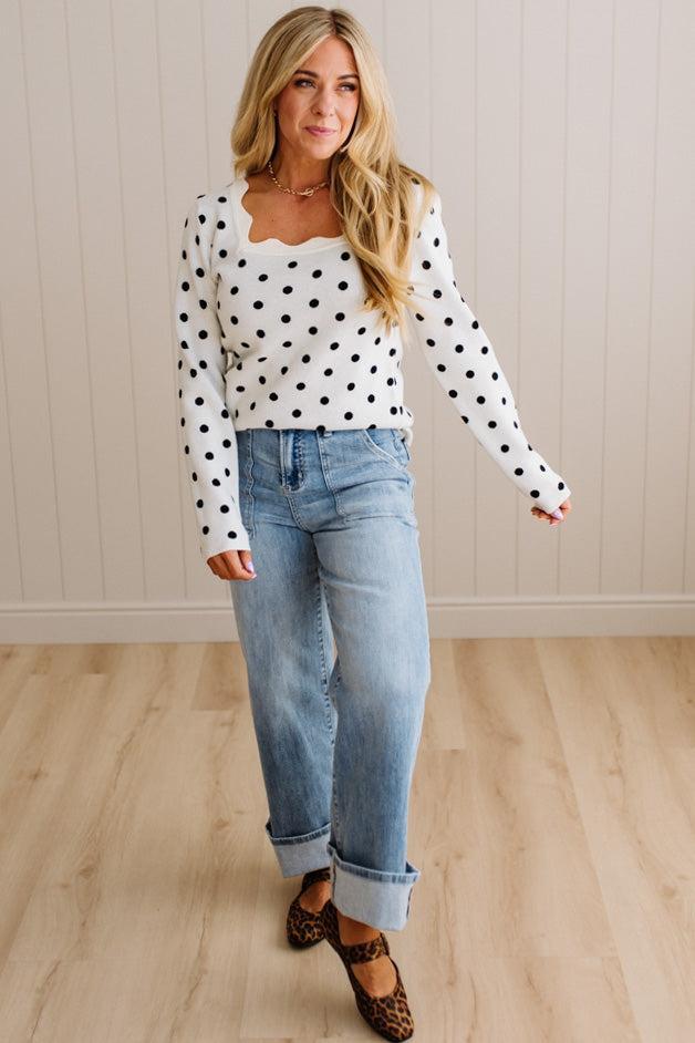 Scalloped Square Neck Dot Sweater