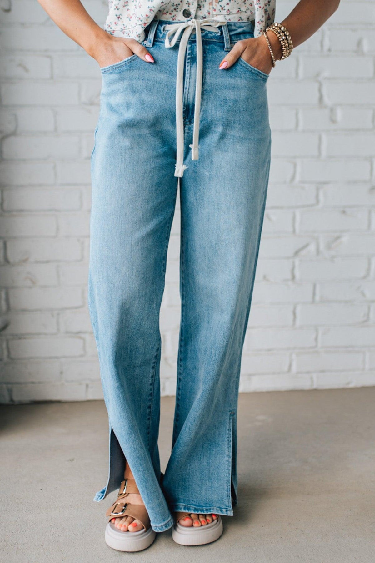 Sisiney Side Slit High Rise Drawstring Jeans - ANNIEWEAR