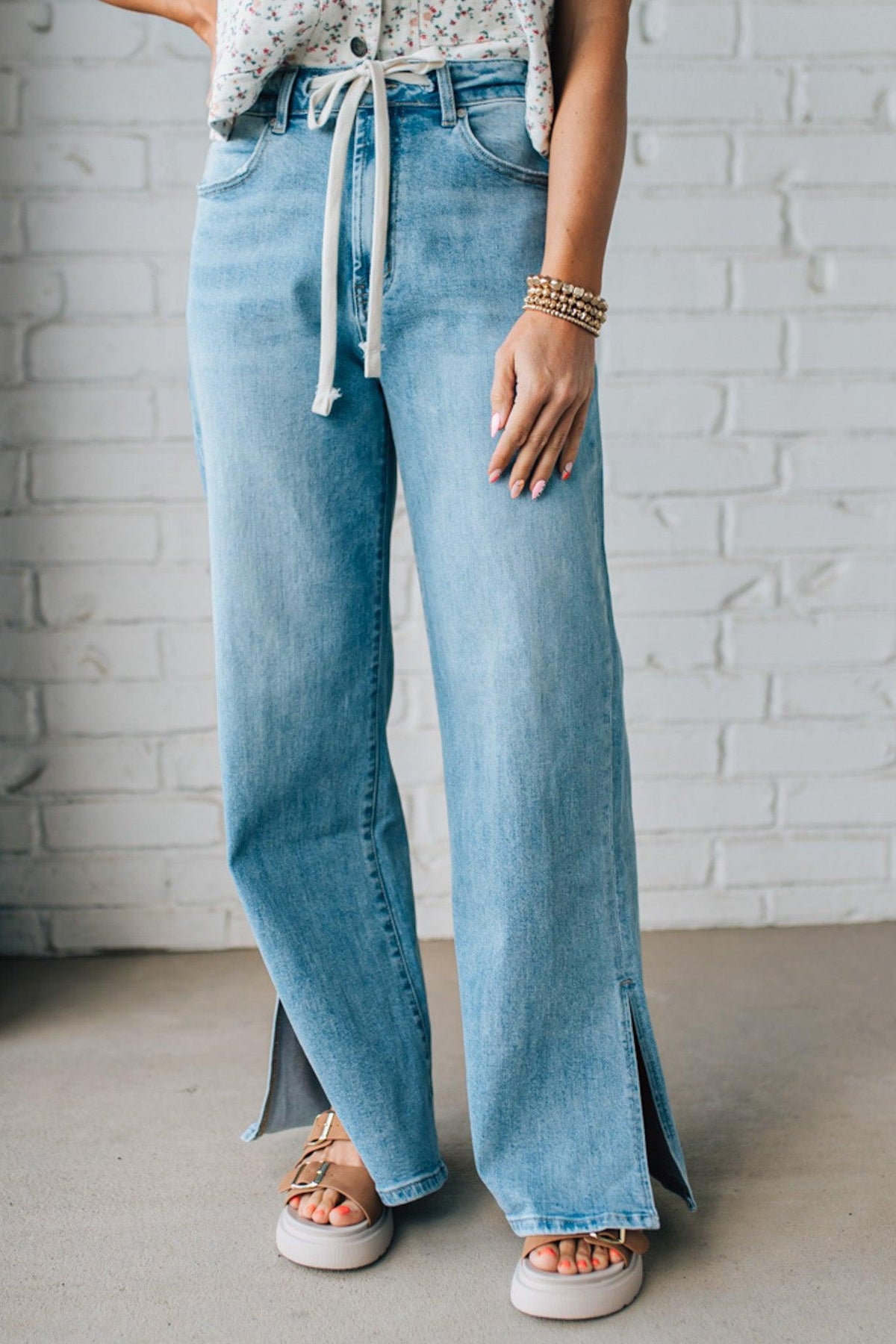Sisiney Side Slit High Rise Drawstring Jeans - ANNIEWEAR