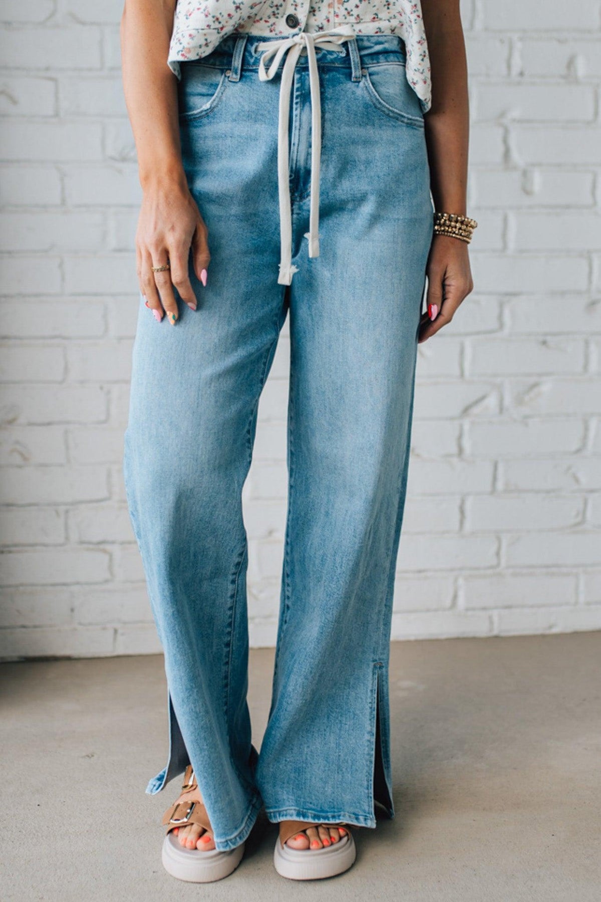 Sisiney Side Slit High Rise Drawstring Jeans - ANNIEWEAR