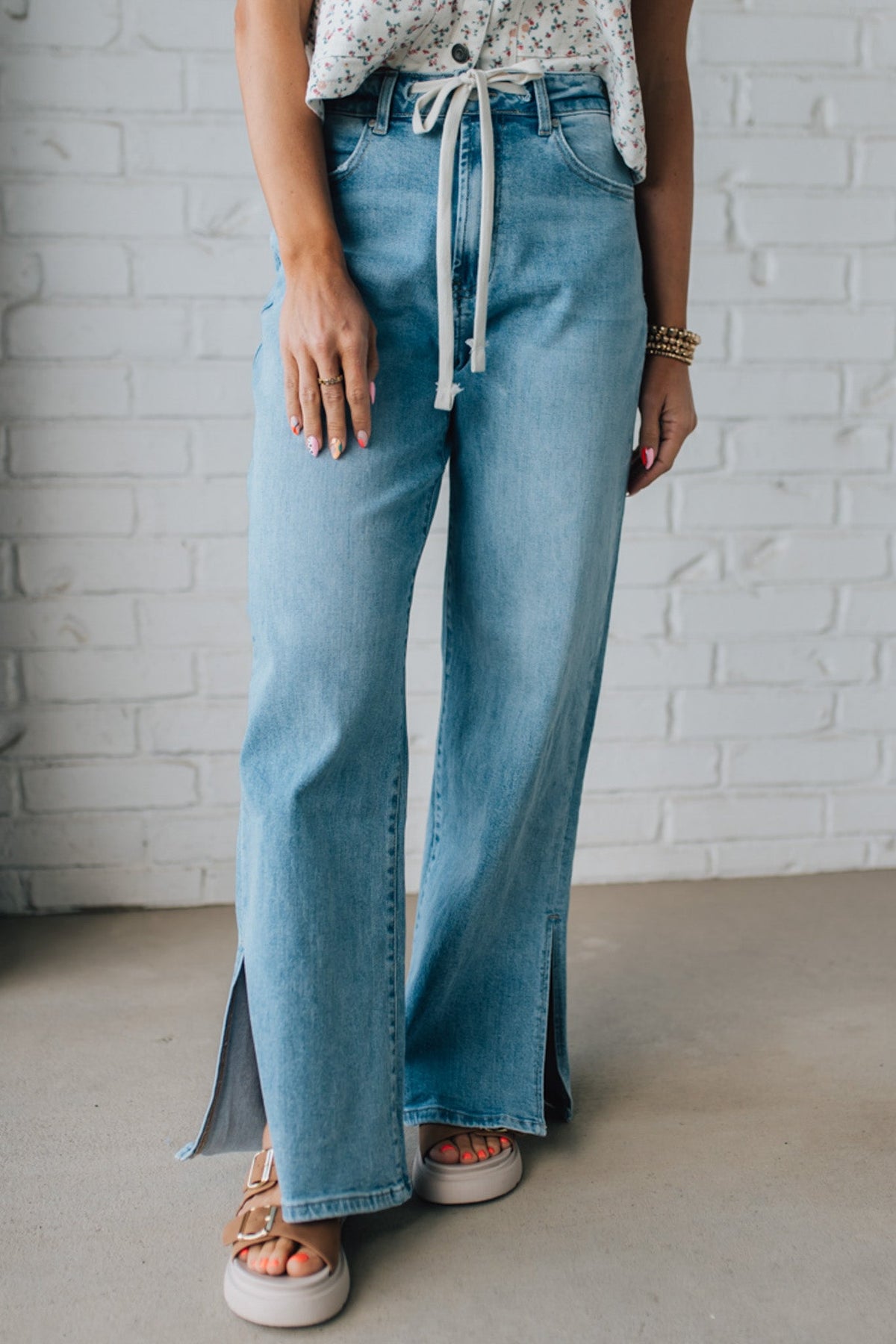 Sisiney Side Slit High Rise Drawstring Jeans - ANNIEWEAR