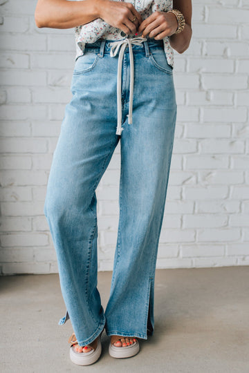 Sisiney Side Slit High Rise Drawstring Jeans - ANNIEWEAR