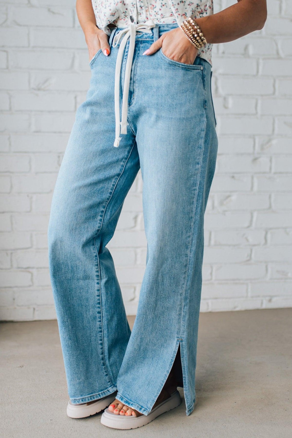 Sisiney Side Slit High Rise Drawstring Jeans - ANNIEWEAR