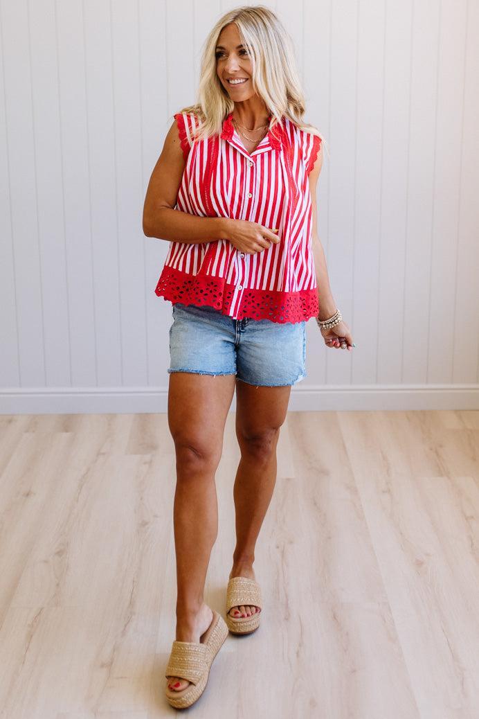 Striped Eyelet Trim Top