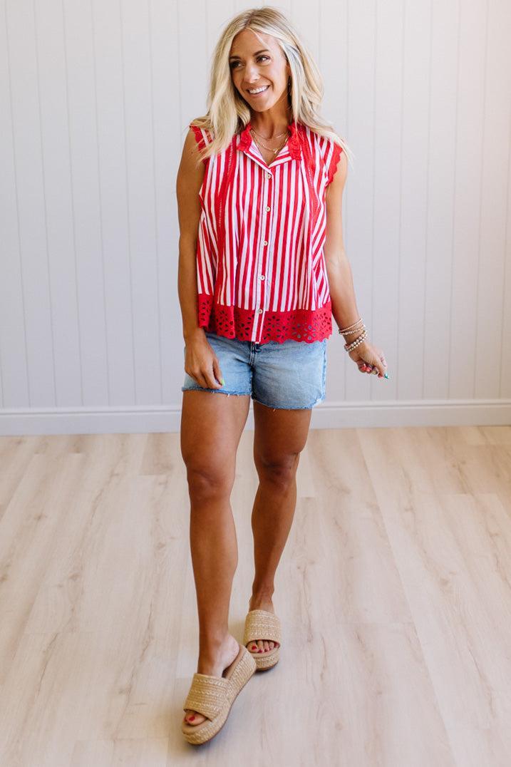 Striped Eyelet Trim Top