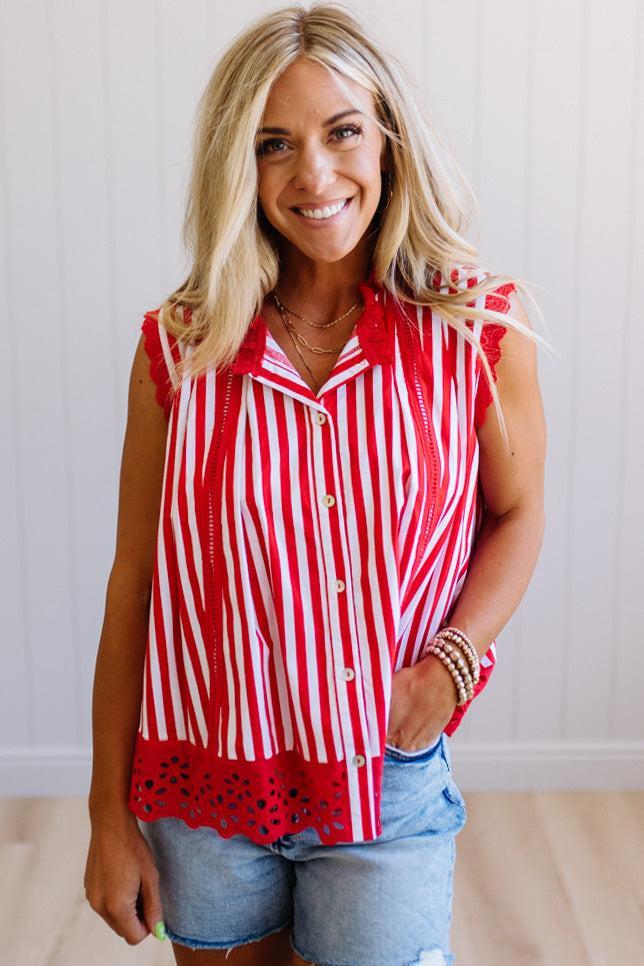 Striped Eyelet Trim Top