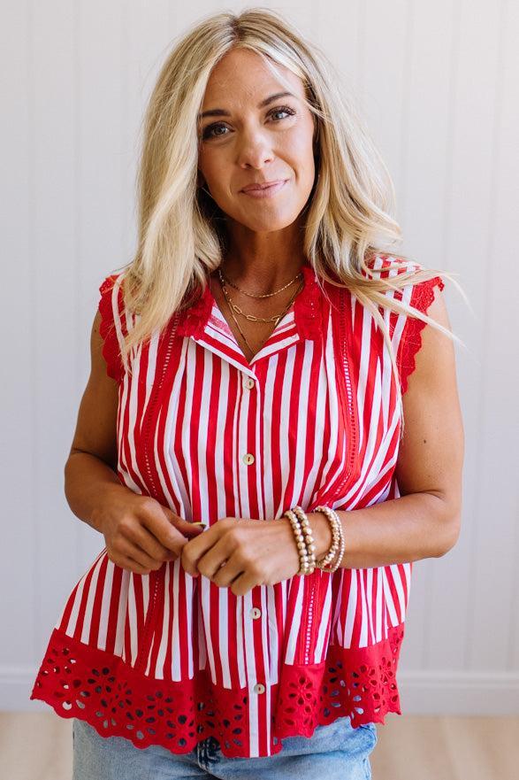 Striped Eyelet Trim Top