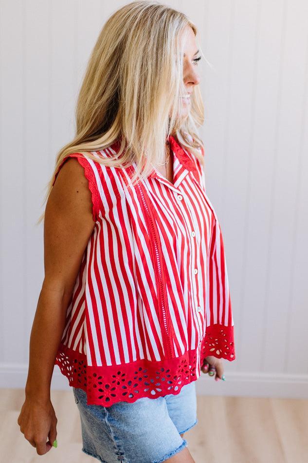 Striped Eyelet Trim Top