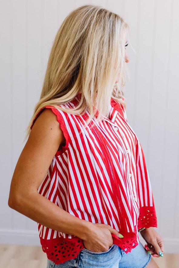Striped Eyelet Trim Top