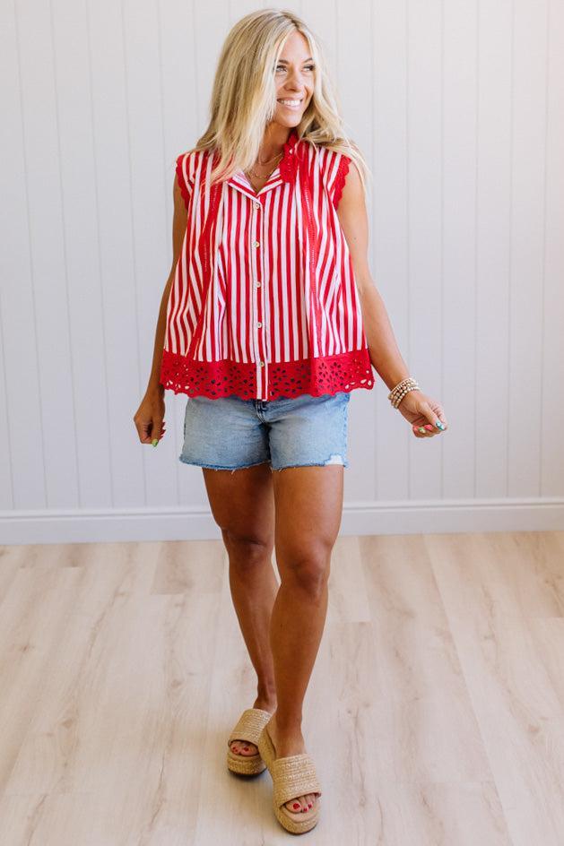 Striped Eyelet Trim Top