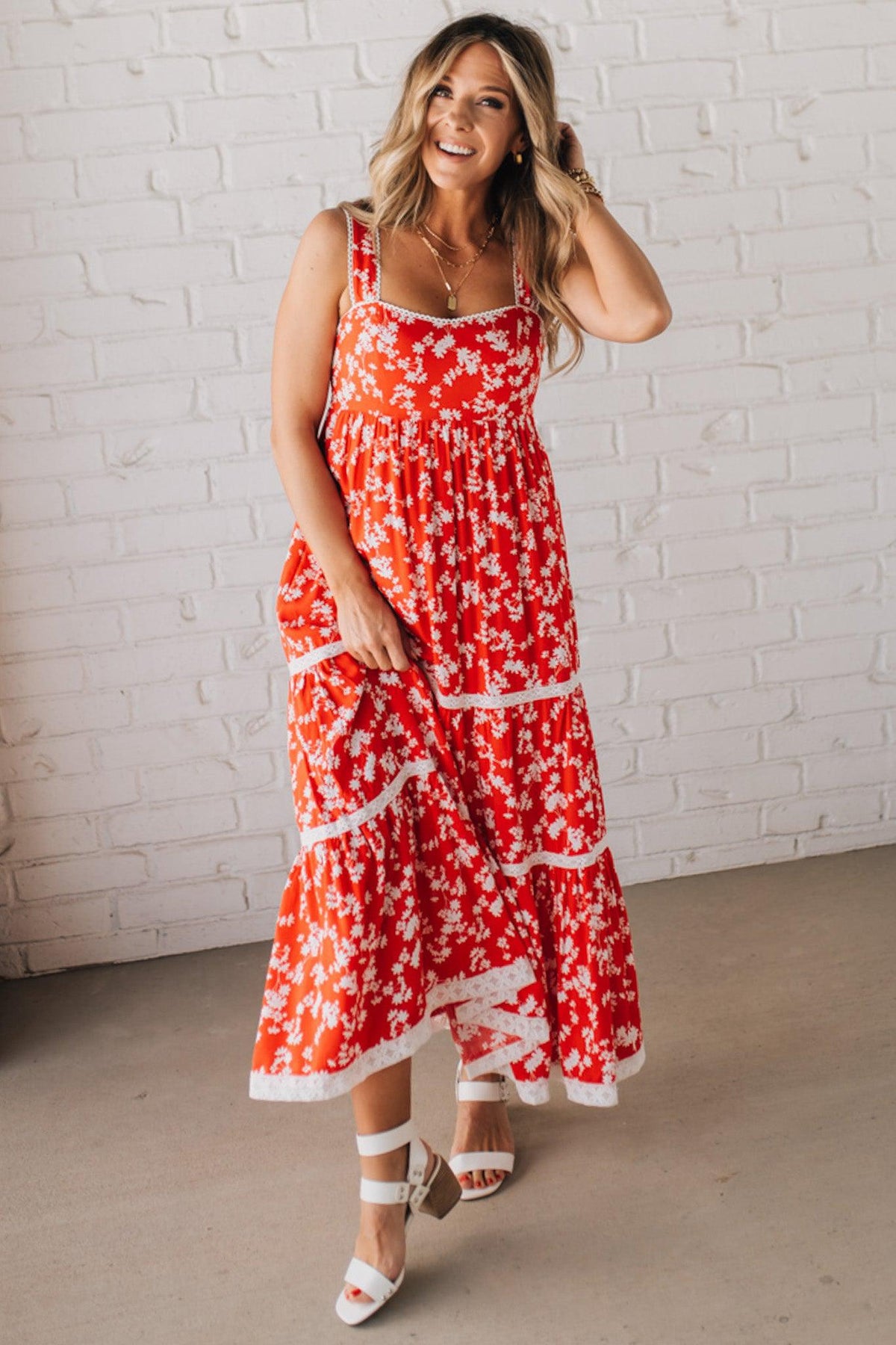 Sweetheart Trimmed Tiered Midi Dress