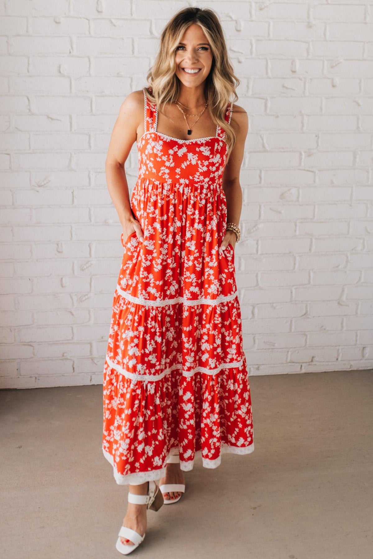 Sweetheart Trimmed Tiered Midi Dress