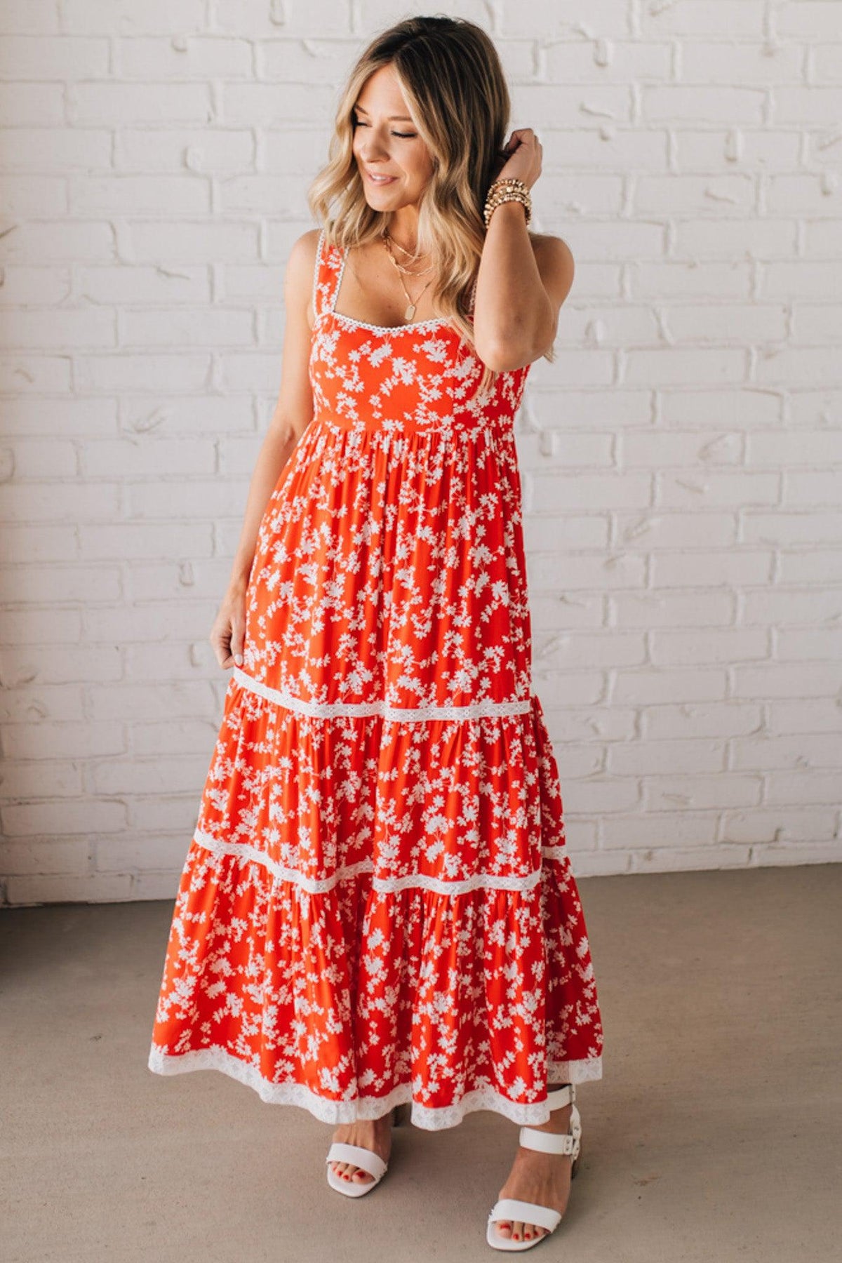 Sweetheart Trimmed Tiered Midi Dress