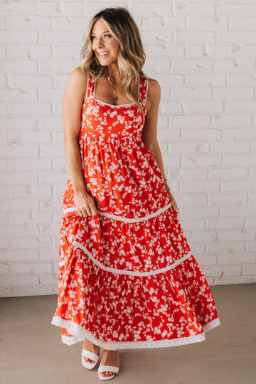 Sweetheart Trimmed Tiered Midi Dress